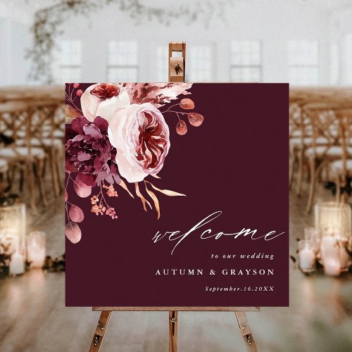 Autumn Romance Burgundy Floral Wedding Welcome Poster