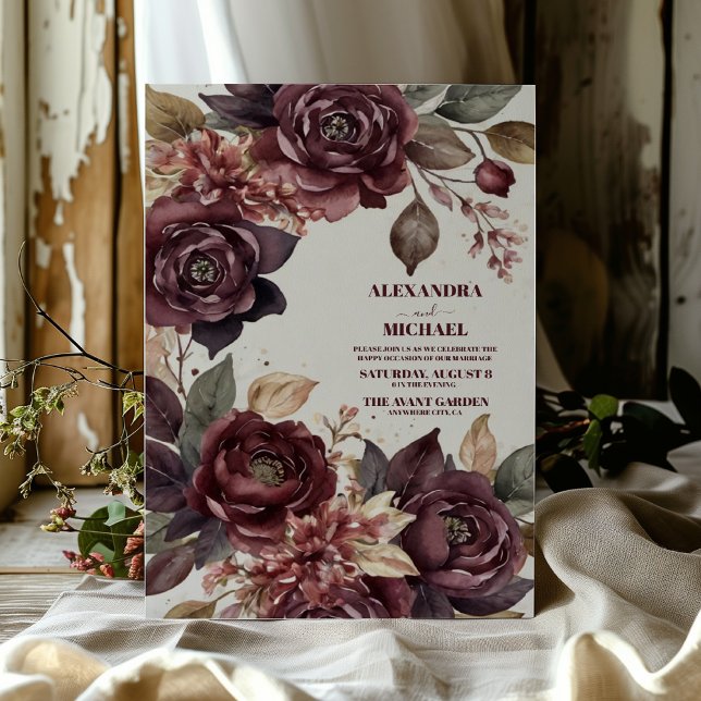 Autumn Romance Burgundy Watercolor Wedding  Invitation (Creator Uploaded)