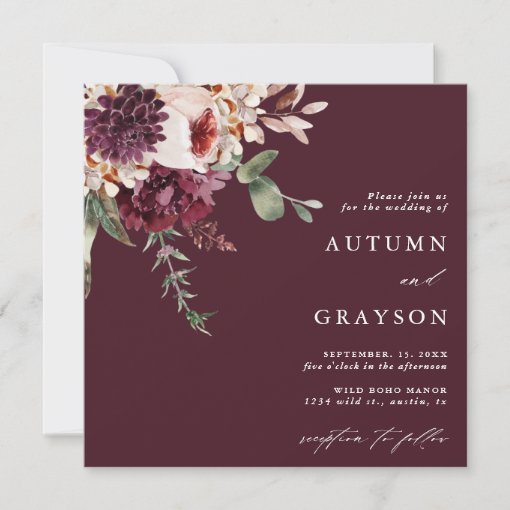 Autumn Romance Burgundy Watercolor Wedding Square Invitation | Zazzle