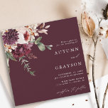 Autumn Romance Burgundy Watercolor Wedding Square Invitation<br><div class="desc">This wedding invitation features a watercolor flower bouquet of dahlia,  garden rose,  and hydrangea in burgundy red,  maroon,  blush pink over fall leaves. For more advanced customization of this design,  please click the BLUE DESIGN TOOL BUTTON. Matching items are also available.</div>