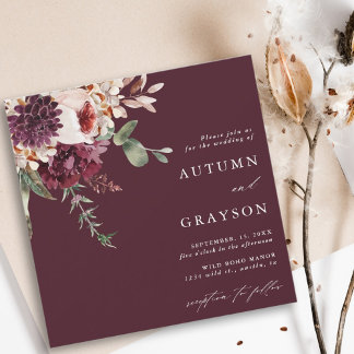 Autumn Romance Burgundy Watercolor Wedding Square Invitation