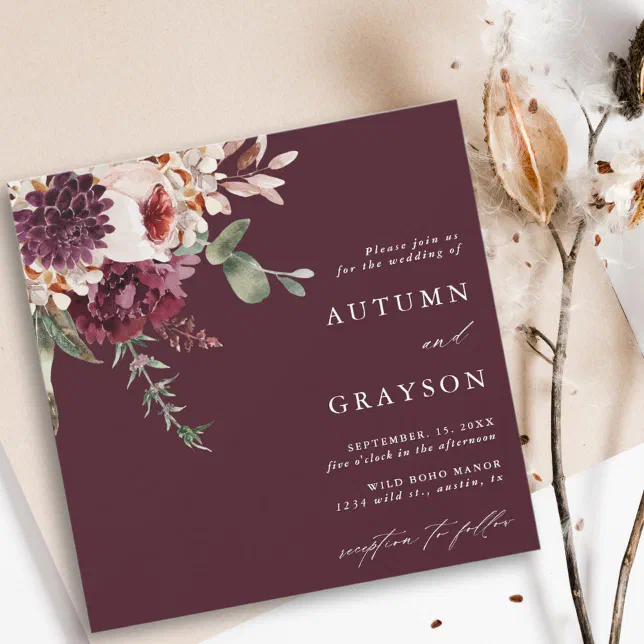 Autumn Romance Burgundy Watercolor Wedding Square Invitation
