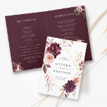Autumn Romance Burgundy Wedding Folded Program<br><div class="desc">This wedding ceremony program features a watercolor flower wreath of dahlias,  garden roses,  and peony in burgundy red,  maroon,  blush pink over fall leaves with a faux gold diamond shape frame. For more advanced customization of this design,  please click the BLUE DESIGN TOOL BUTTON. Matching items are also available.</div>