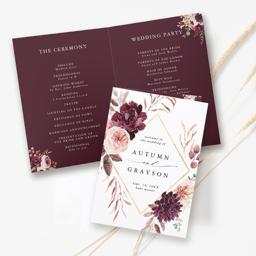 Autumn Romance Burgundy Wedding Folded Program