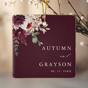 Autumn Romance Elegant Burgundy Wedding Photo Ceramic Ornament