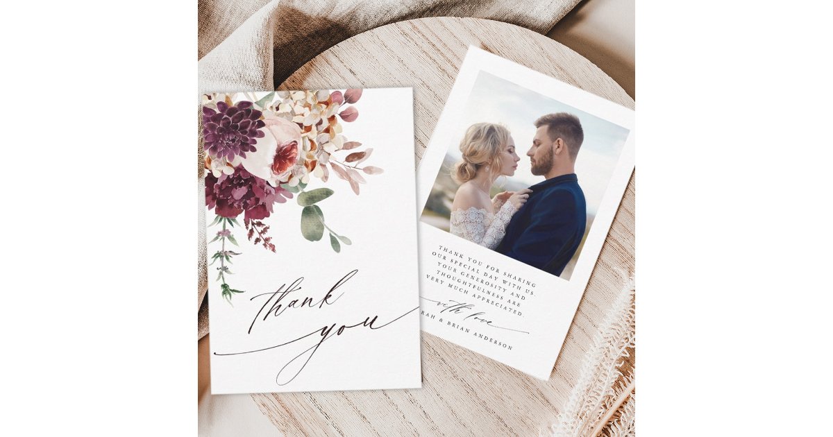 Autumn Romance Elegant Floral Wedding Photo Thank You Card | Zazzle