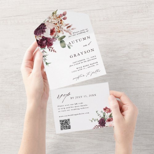 Autumn Romance Elegant Floral Wedding QR Code  All In One Invitation