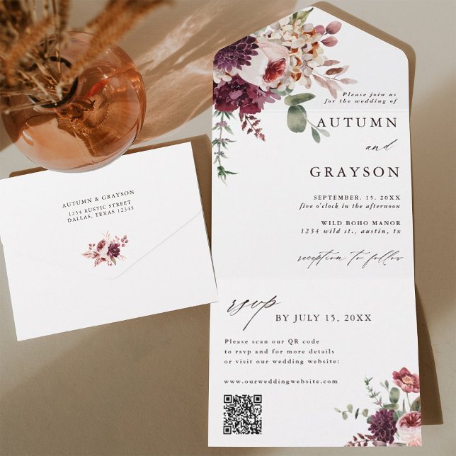 Autumn Romance Elegant Floral Wedding QR Code  All In One Invitation (Inside & Back)