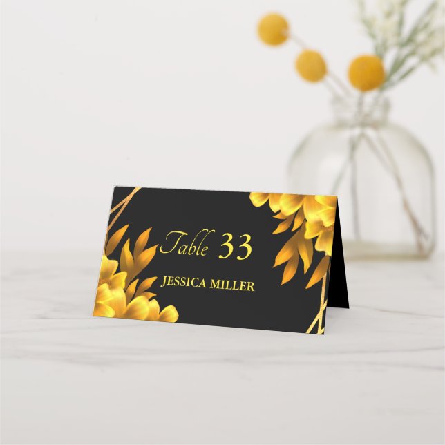 Autumn romance faux gold & blackfloral geometric place card (Front)