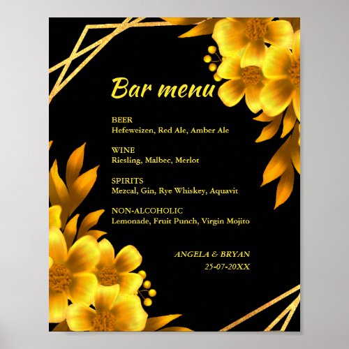 Autumn romance faux gold floral drinks menu sign