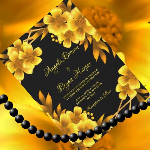 Autumn romance faux gold yellow floral geometric invitation