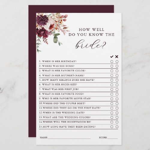 Autumn Romance Floral Bridal Shower Game 