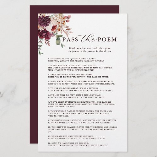 Autumn Romance Floral Pass the Poem Bridal Game 