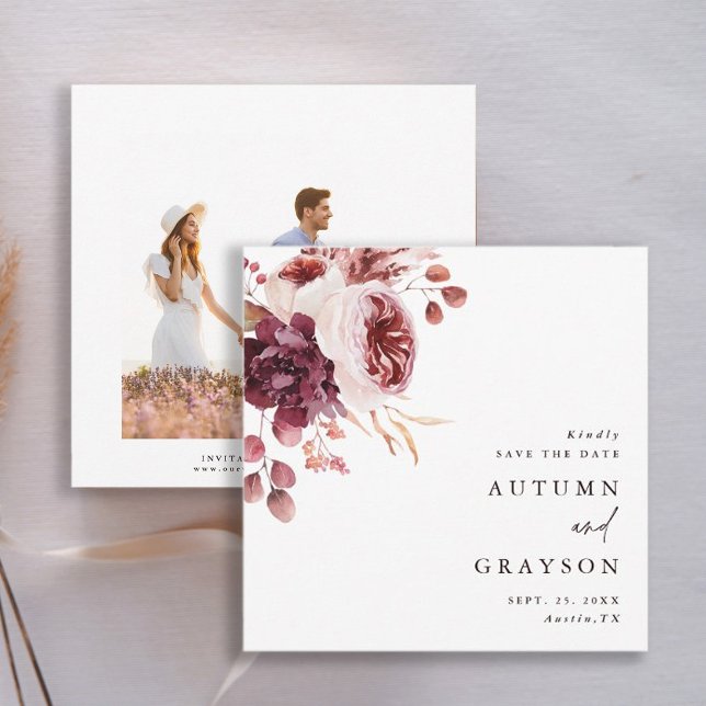 Autumn Romance Floral Wedding Photo Square Save The Date (Front & Back)