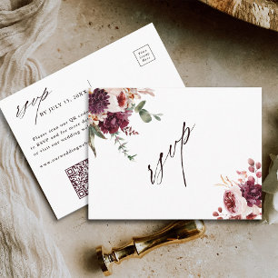 Autumn Romance Floral Wedding QR Code RSVP Postcard