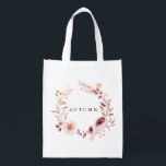 Autumn Romance Floral Wreath Personalize  Grocery Bag<br><div class="desc">This personalized reusable grocery bag features a watercolor flower wreath of dahlia,  garden rose,  peony,  and poppy in burgundy red,  maroon,  blush pink over fall leaves. For more advanced customization of this design,  please click the BLUE DESIGN TOOL BUTTON. Matching items are also available.</div>