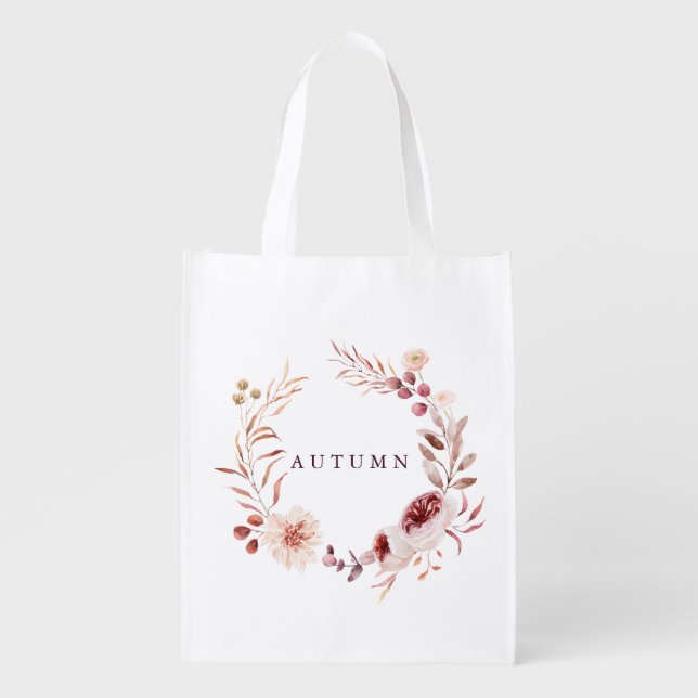 Autumn Romance Floral Wreath Personalize  Grocery Bag (Front)