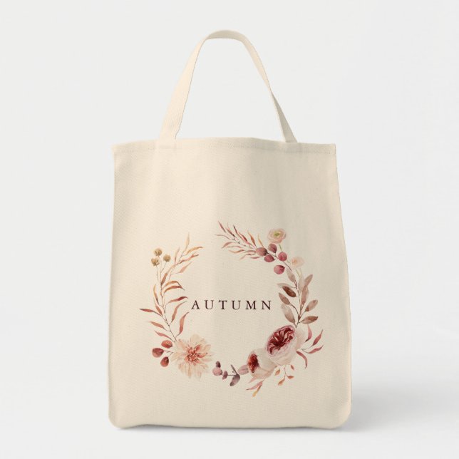 Autumn Romance Floral Wreath Personalize Grocery Tote Bag (Front)
