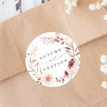 Autumn Romance Floral Wreath Wedding  Classic Round Sticker<br><div class="desc">This wedding sticker features a watercolor flower wreath of dahlias,  garden roses,  peony,  and poppy in burgundy red,  maroon,  blush pink over fall leaves. For more advanced customization of this design,  please click the BLUE DESIGN TOOL BUTTON. Matching items are also available.</div>