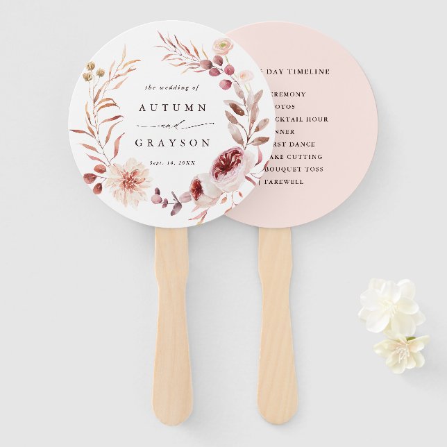 Autumn Romance Floral Wreath Wedding Day Timeline Hand Fan (Front and Back)