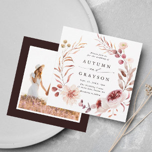 Autumn Romance Floral Wreath Wedding Photo Square Invitation