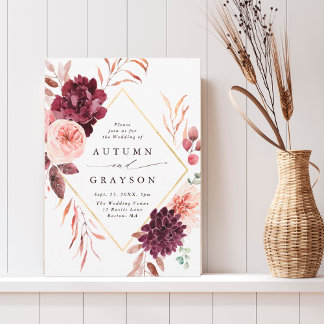 Autumn Romance Gold Frame Burgundy Wedding  Invitation