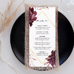 Autumn Romance Gold Frame Burgundy Wedding Menu<br><div class="desc">This wedding menu features a watercolor flower wreath of dahlias,  garden roses,  and peony in burgundy red,  maroon,  blush pink over fall leaves with a faux gold diamond shape frame. For more advanced customization of this design,  please click the BLUE DESIGN TOOL BUTTON. Matching items are also available.</div>