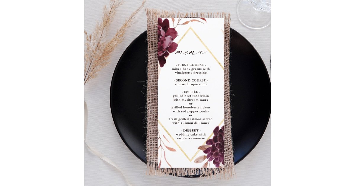 Autumn Romance Gold Frame Burgundy Wedding Menu | Zazzle