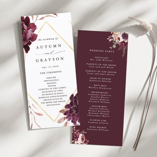 Autumn Romance Gold Frame Burgundy Wedding Program