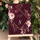 Autumn Romance Gold Frame Burgundy Wedding Table Number<br><div class="desc">This wedding table number features a watercolor flower wreath of dahlias,  garden roses,  and peony in burgundy red,  maroon,  blush pink over fall leaves with a faux gold diamond shape frame. For more advanced customization of this design,  please click the BLUE DESIGN TOOL BUTTON. Matching items are also available.</div>