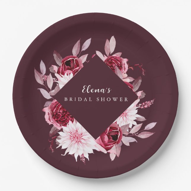 Autumn Romance Gold Frame Floral bridal shower Paper Plates (Front)