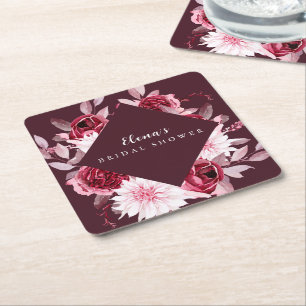 Autumn Romance Gold Frame Floral bridal shower Square Paper Coaster