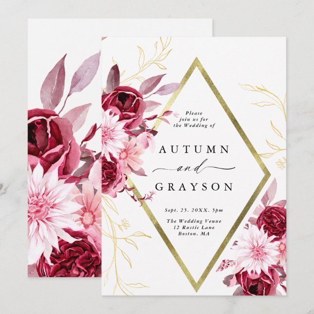 Autumn Romance Gold Frame Floral Wedding Invitation (Front/Back)