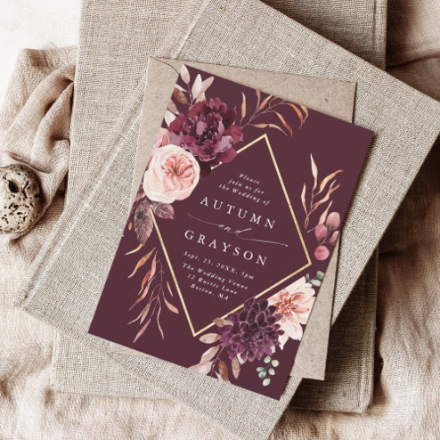 Wedding Invitations - Pink Dramatic personalized gifts for you Autumn romance gold frame floral wedding invitation