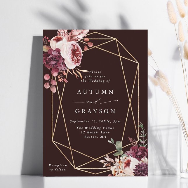 Autumn Romance Gold Geometric Burgundy Wedding  Invitation (Creator Uploaded)