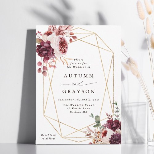 Autumn Romance Gold Geometric Frame Wedding  Invitation
