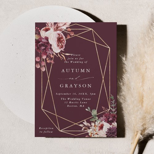 Autumn Romance Gold Geometric Watercolor Wedding Invitation