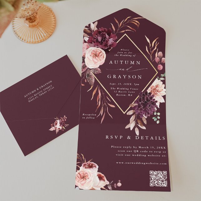 Autumn Romance Gold Geometric Wedding QR Code All In One Invitation (Inside & Back)