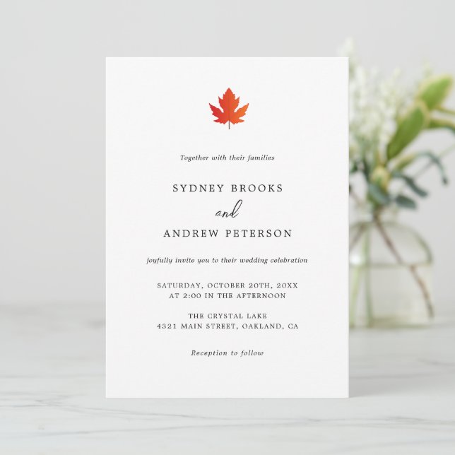 Autumn Romance Minimalist White Wedding Invitation (Standing Front)