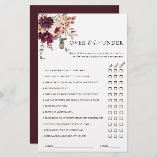 Autumn Romance Over or Under Bridal Shower Game 
