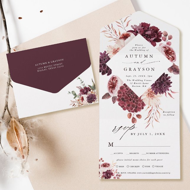 Autumn Romance Watercolor Floral Wedding  All In One Invitation (Inside & Back)