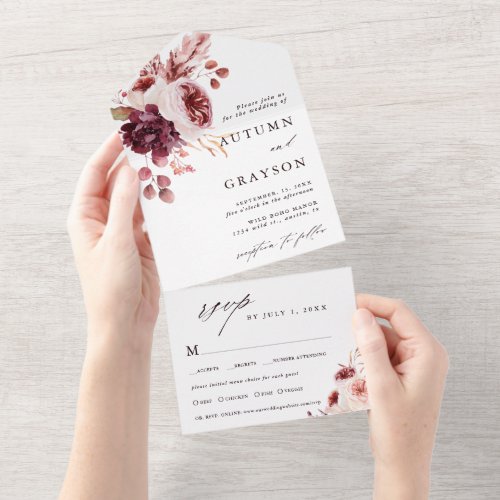 Autumn Romance Watercolor Floral Wedding All In One Invitation