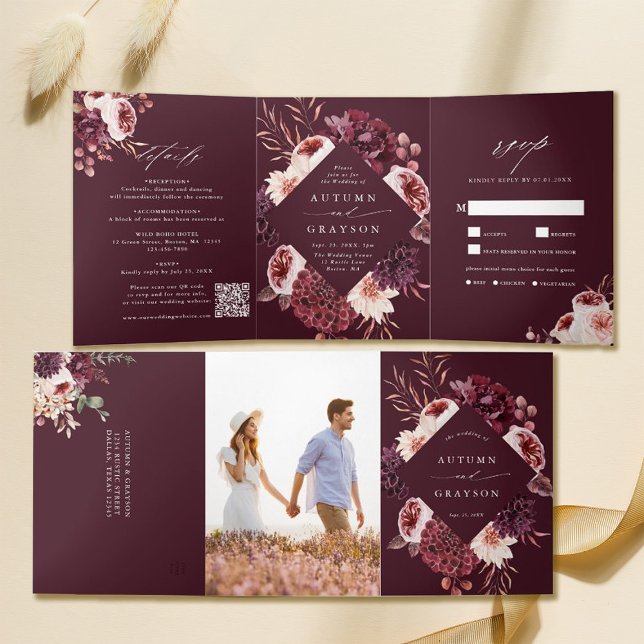 Autumn Romance Watercolor Floral Wedding Burgundy Tri-Fold Invitation (Inside & Outside)
