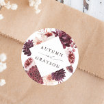 Autumn Romance Watercolor Floral Wedding  Classic Round Sticker<br><div class="desc">This wedding sticker features a watercolor flower wreath of dahlias,  garden roses,  and peony in burgundy red,  maroon,  blush pink over fall leaves with a diamond shape frame. For more advanced customization of this design,  please click the BLUE DESIGN TOOL BUTTON. Matching items are also available.</div>
