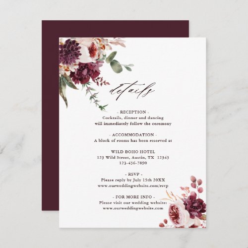 Autumn Romance Watercolor Floral Wedding Details Enclosure Card