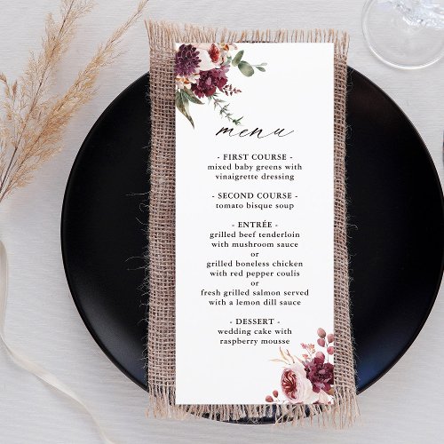 Autumn Romance Watercolor Floral Wedding  Menu