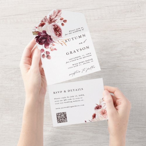 Autumn Romance Watercolor Floral Wedding QR Code All In One Invitation