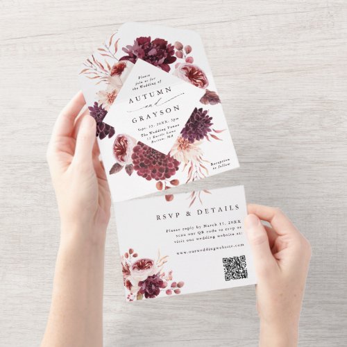 Autumn Romance Watercolor Floral Wedding QR Code All In One Invitation