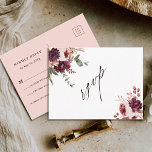 Autumn Romance Watercolor Floral Wedding RSVP Postcard<br><div class="desc">This wedding rsvp postcard features watercolor flower bouquets of dahlias,  garden roses,  and peony in burgundy red,  maroon,  blush pink over fall leaves. For more advanced customization of this design,  please click the BLUE DESIGN TOOL BUTTON. Matching items are also available.</div>