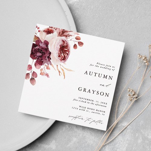 Autumn Romance Watercolor Floral Wedding Square Invitation